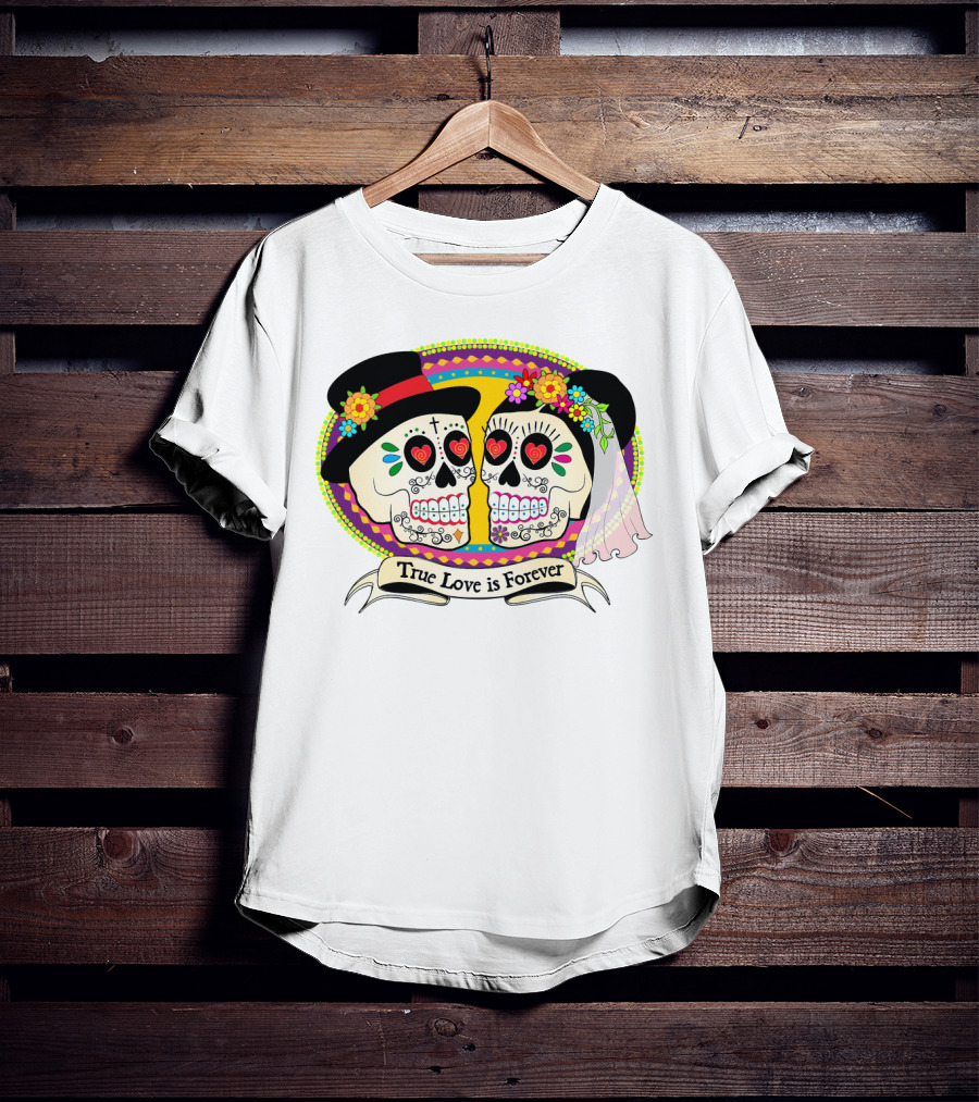 True Love Is Forever Colorful Skull Bride And Groom T-Shirt