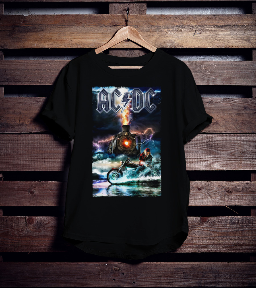 AC/DC Rock And Roll Train With Lightning And Motorbike Scene T-Shirt
