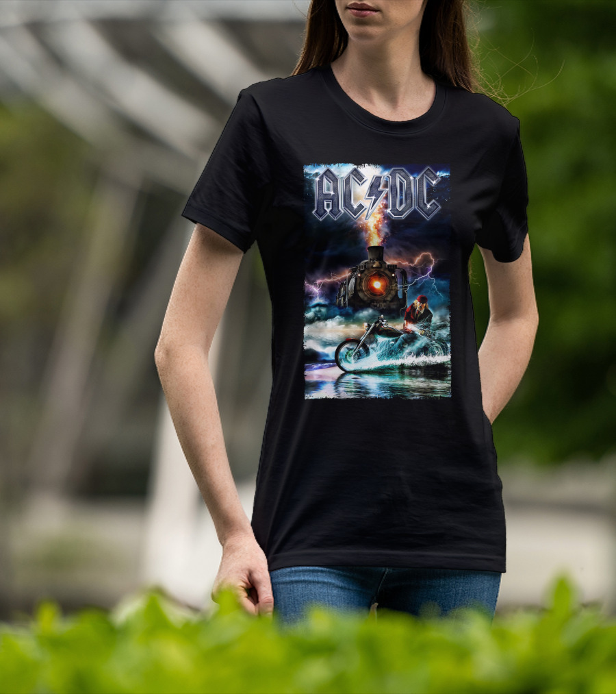 AC/DC Rock And Roll Train With Lightning And Motorbike Scene T-Shirt