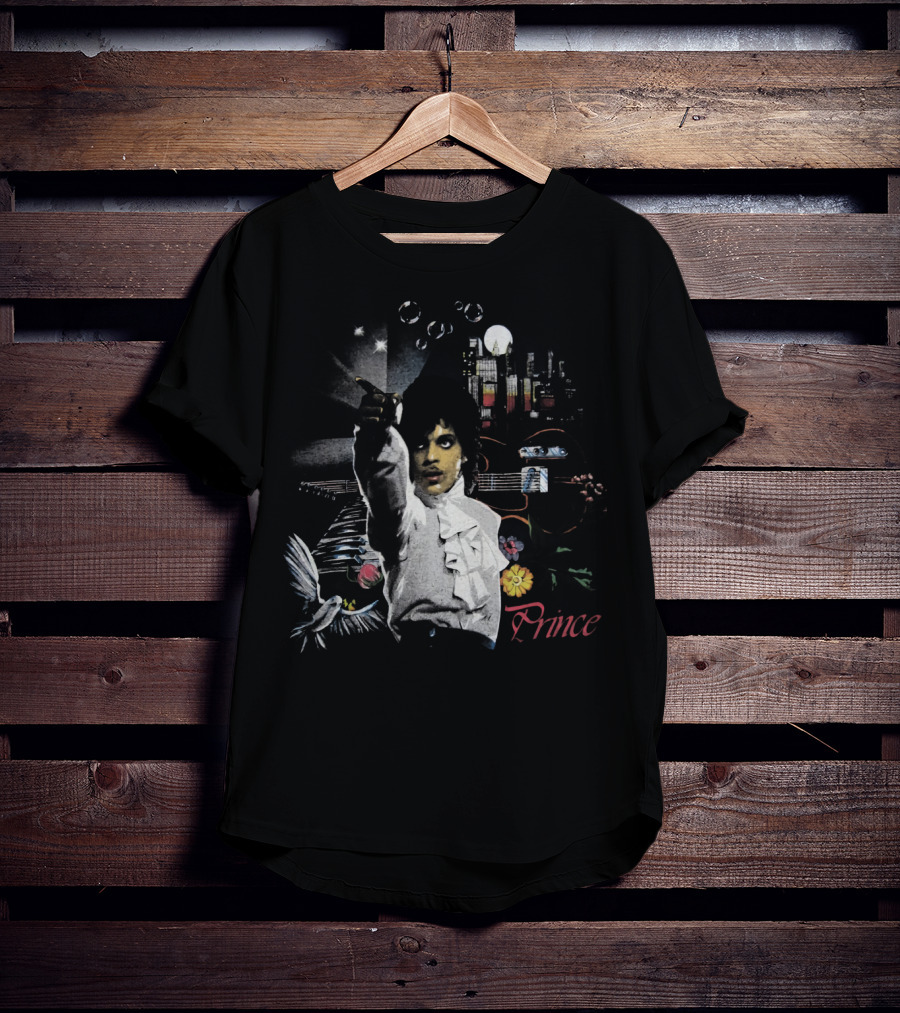 Prince Retro Iconic 1980s Music Legend With Guitar And City Skyline T-Shirt