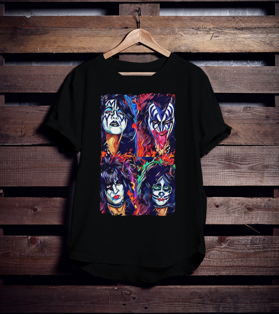 Kiss Band Iconic Face Paint Portraits Fiery Background T-Shirt