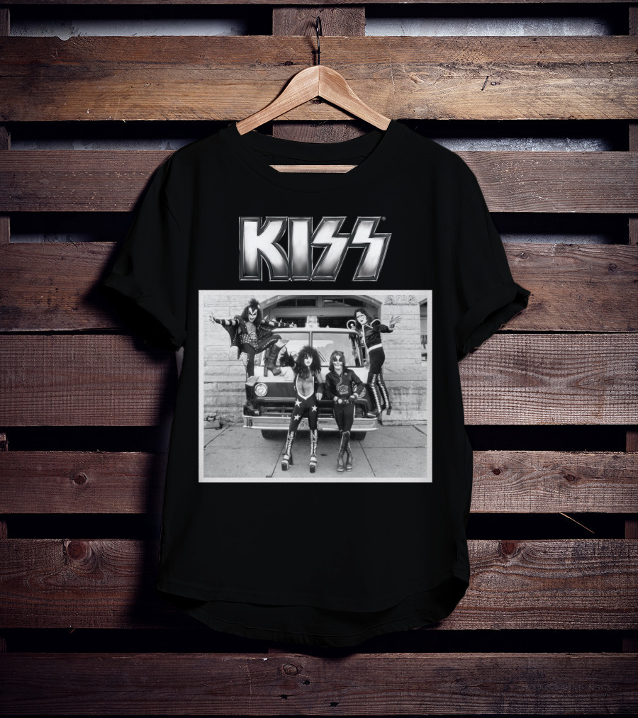 KISS Band On Cadillac With Logo Black And White Photograph T-Shirt