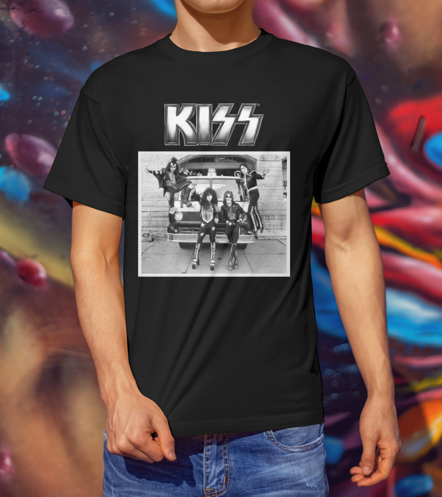 KISS Band On Cadillac With Logo Black And White Photograph T-Shirt