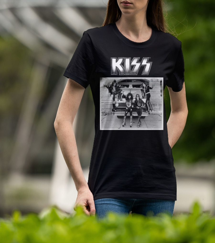 KISS Band On Cadillac With Logo Black And White Photograph T-Shirt