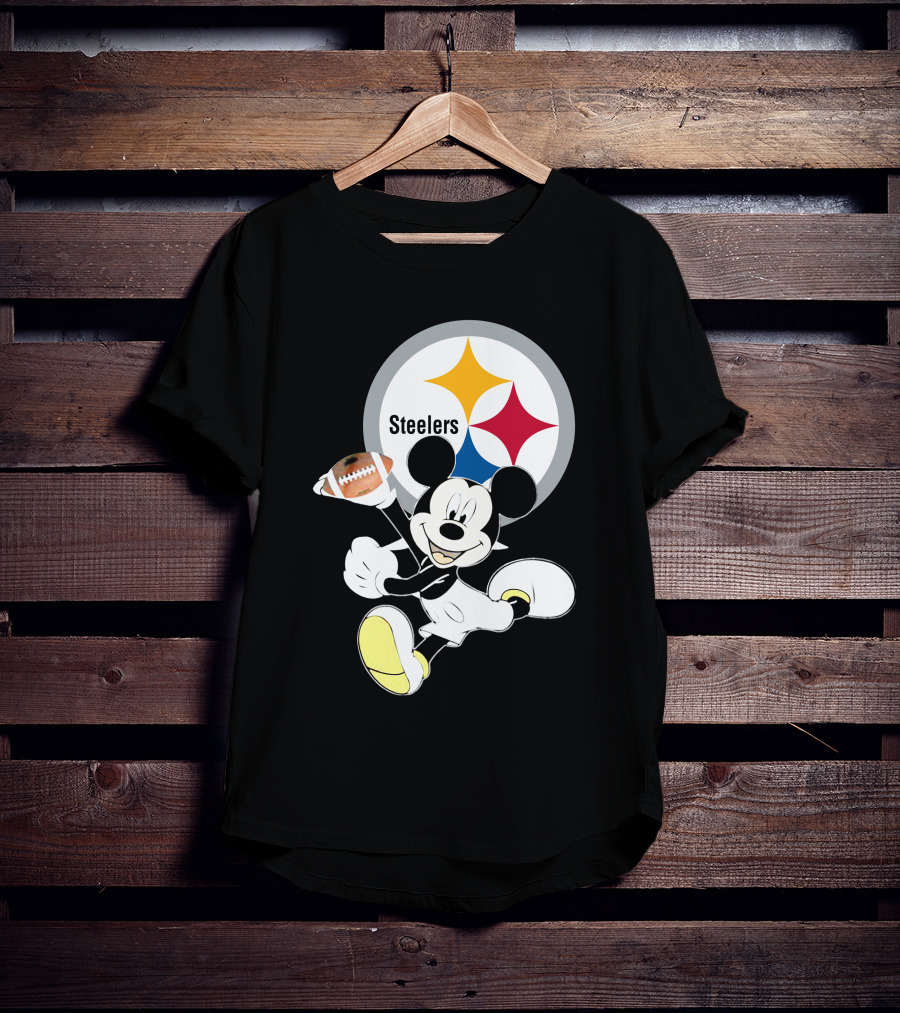 Mickey Mouse With Steelers Logo And Football T-Shirt