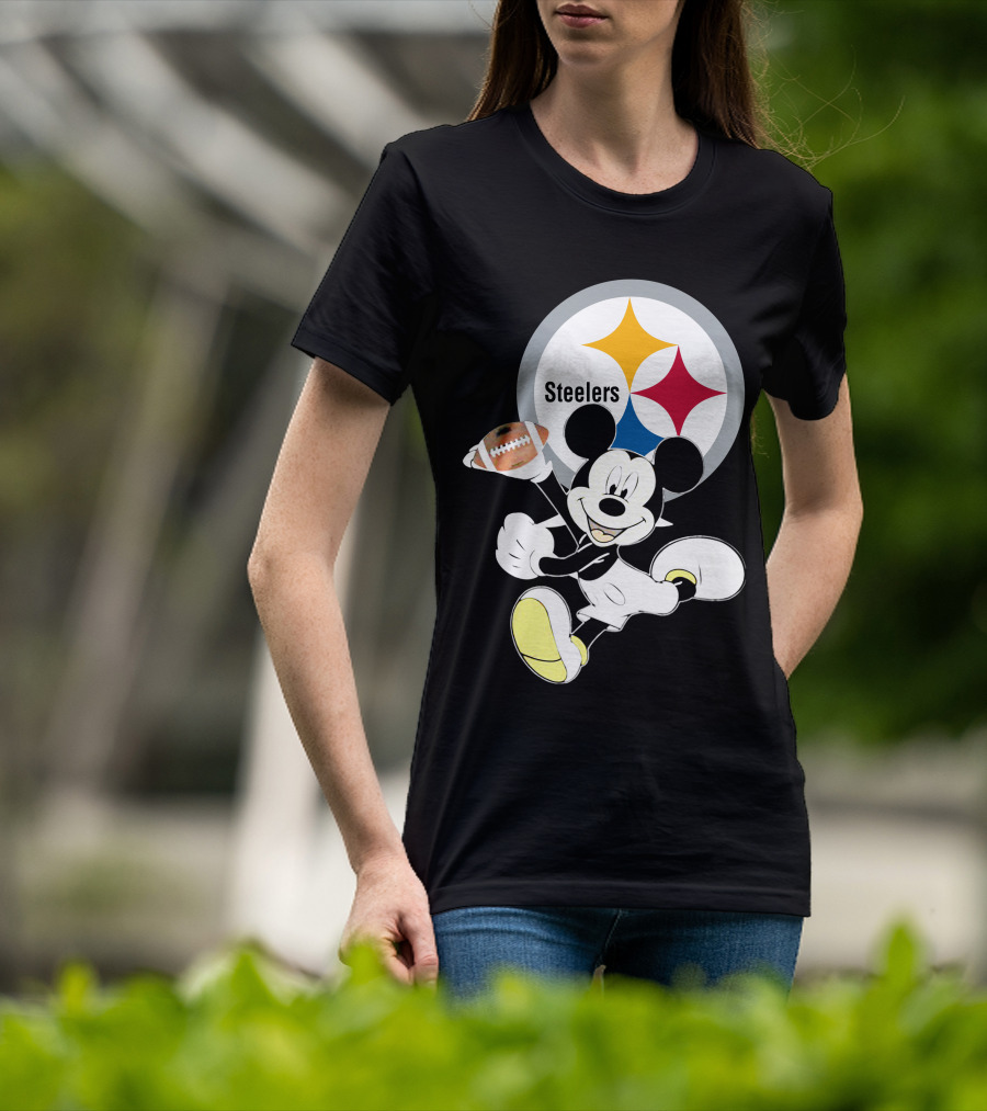 Mickey Mouse With Steelers Logo And Football T-Shirt