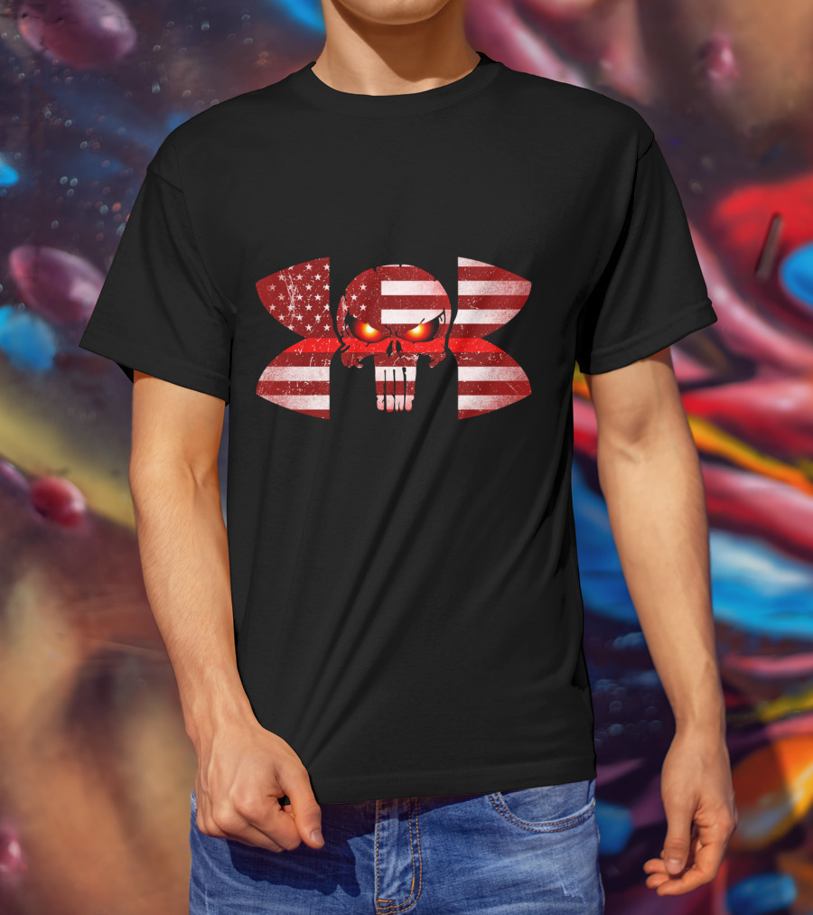 Firefighter Skull American Flag Under Armour Punisher Eyes T-Shirt