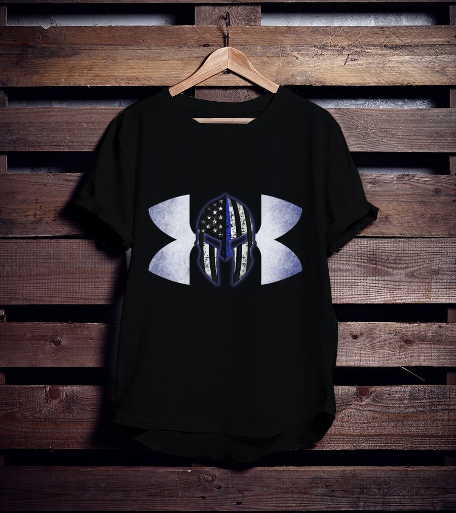 Thin Blue Line Spartan Helmet With American Flag And Tactical T-Shirt