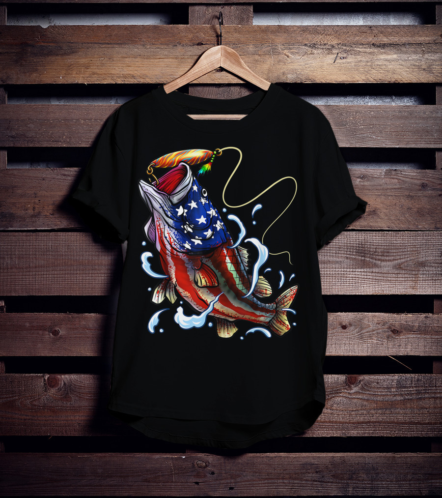 American Flag Bass Fishing Angler Dad Fish T-Shirt