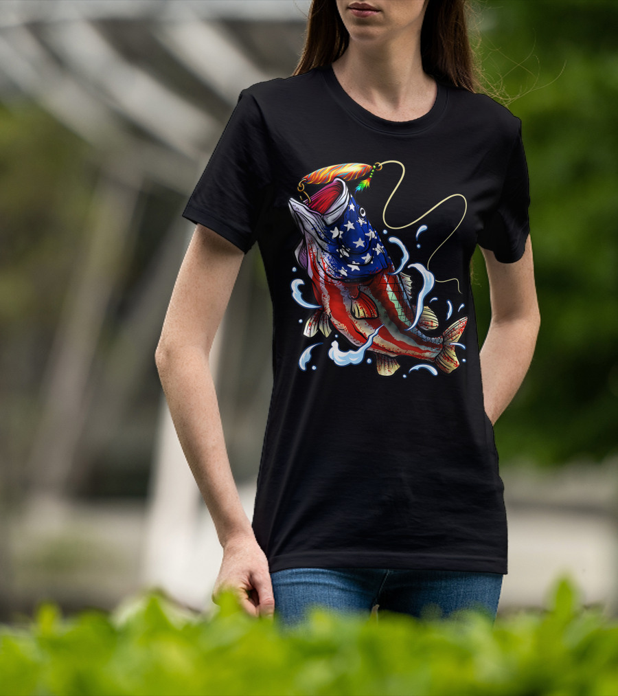 American Flag Bass Fishing Angler Dad Fish T-Shirt