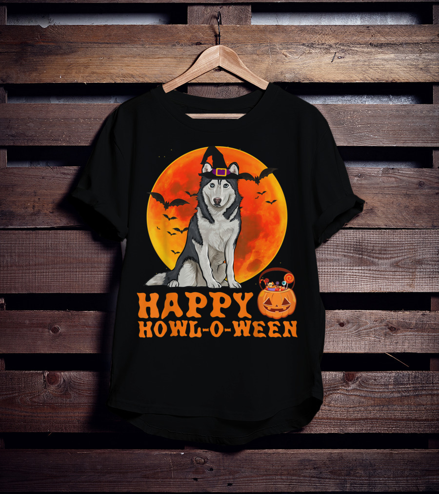 Halloween Siberian Husky Dog Happy Howl-O-Ween Pumpkin Moon Bats T-Shirt