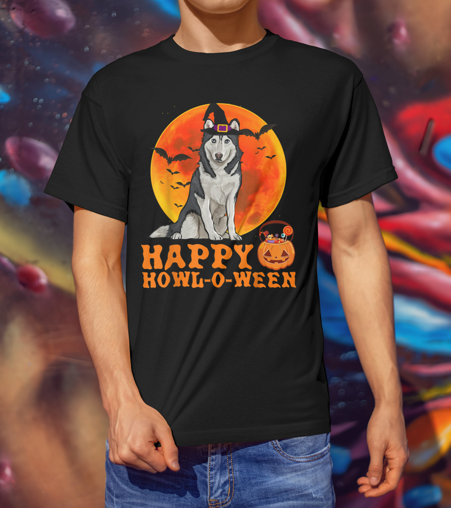 Halloween Siberian Husky Dog Happy Howl-O-Ween Pumpkin Moon Bats T-Shirt