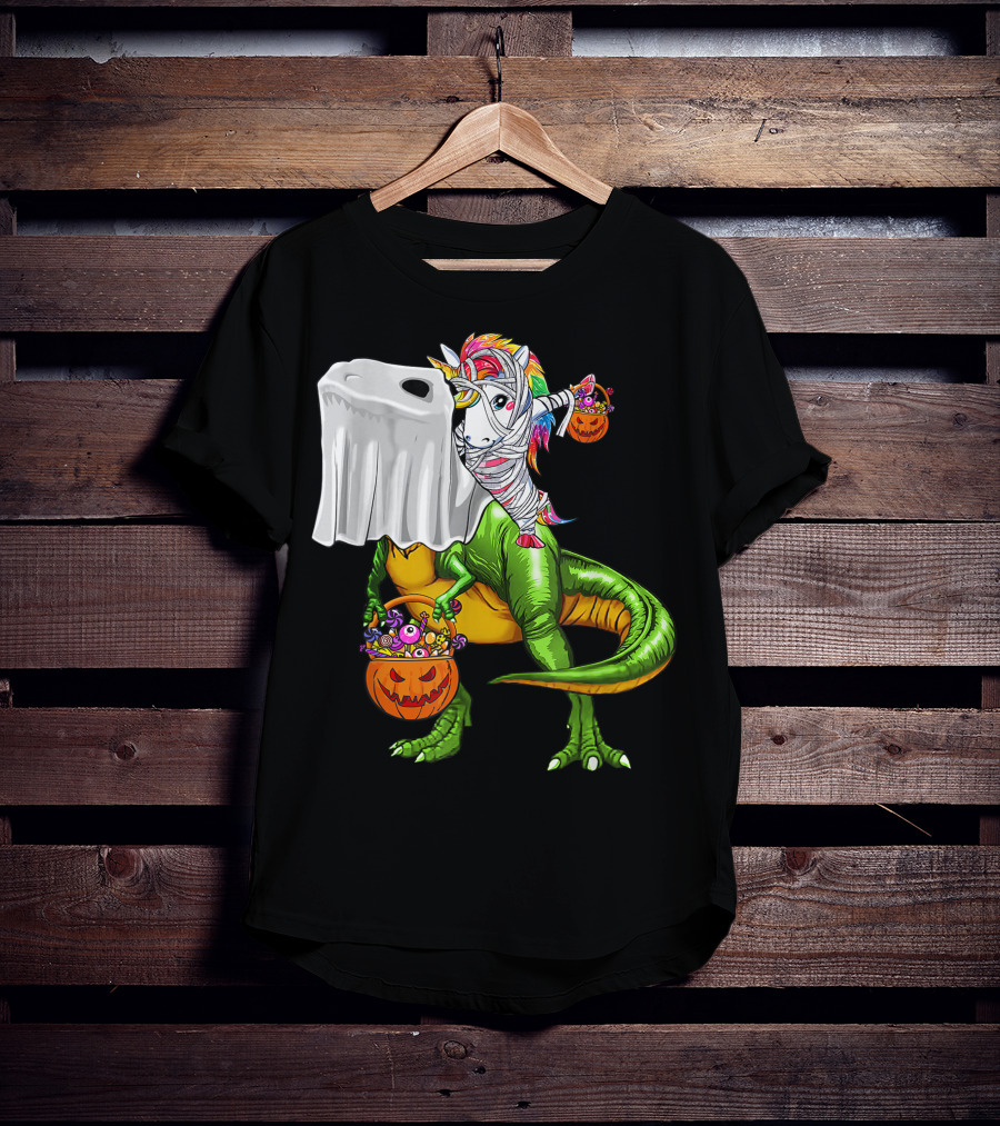 Funny Boo Dinosaur Mummy Unicorn Carrying Pumpkin Halloween T-Shirt