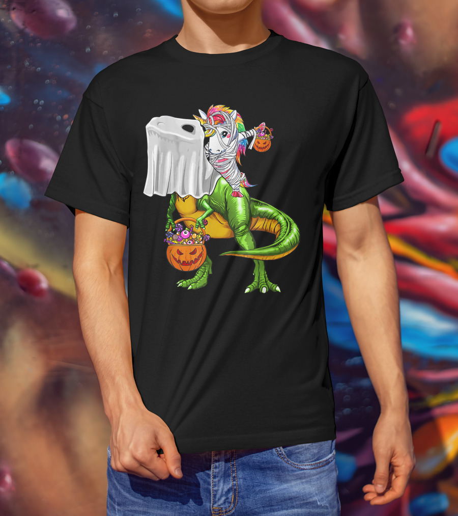 Funny Boo Dinosaur Mummy Unicorn Carrying Pumpkin Halloween T-Shirt