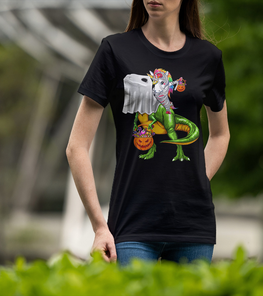 Funny Boo Dinosaur Mummy Unicorn Carrying Pumpkin Halloween T-Shirt
