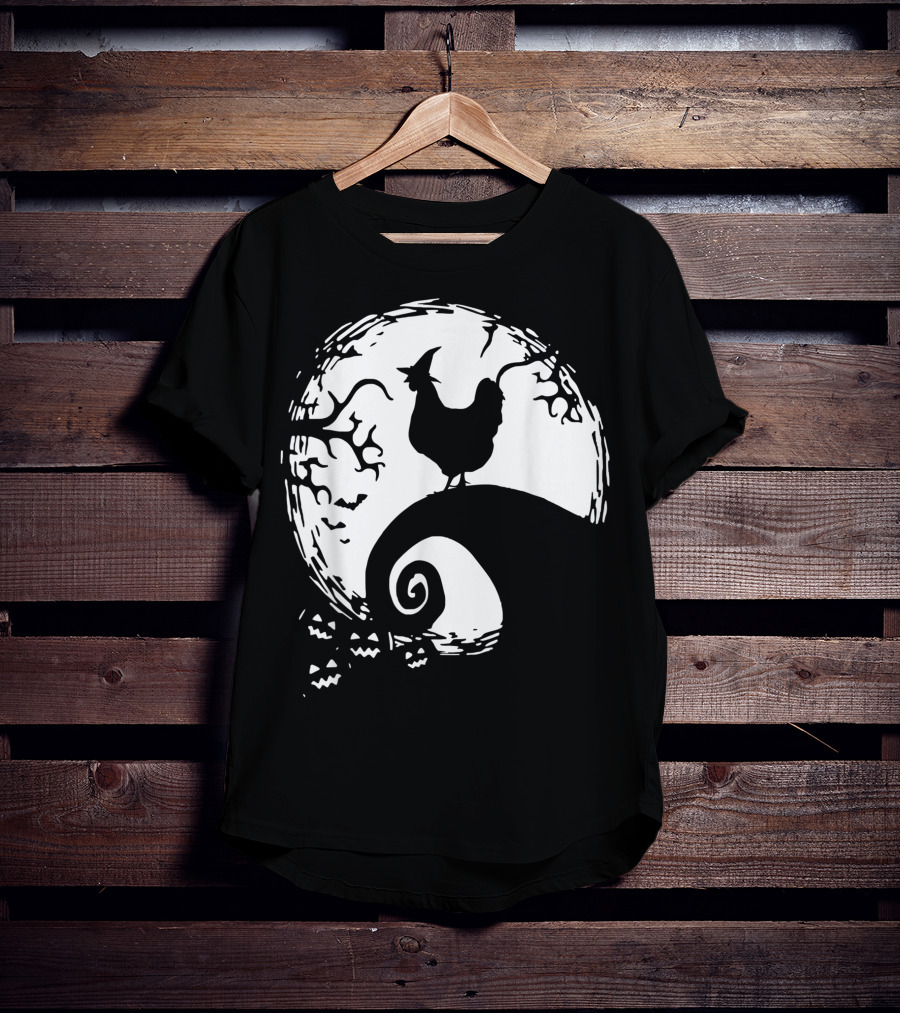 Funny Chicken Halloween Moon Pumpkin Nightmare Hill Scene T-Shirt