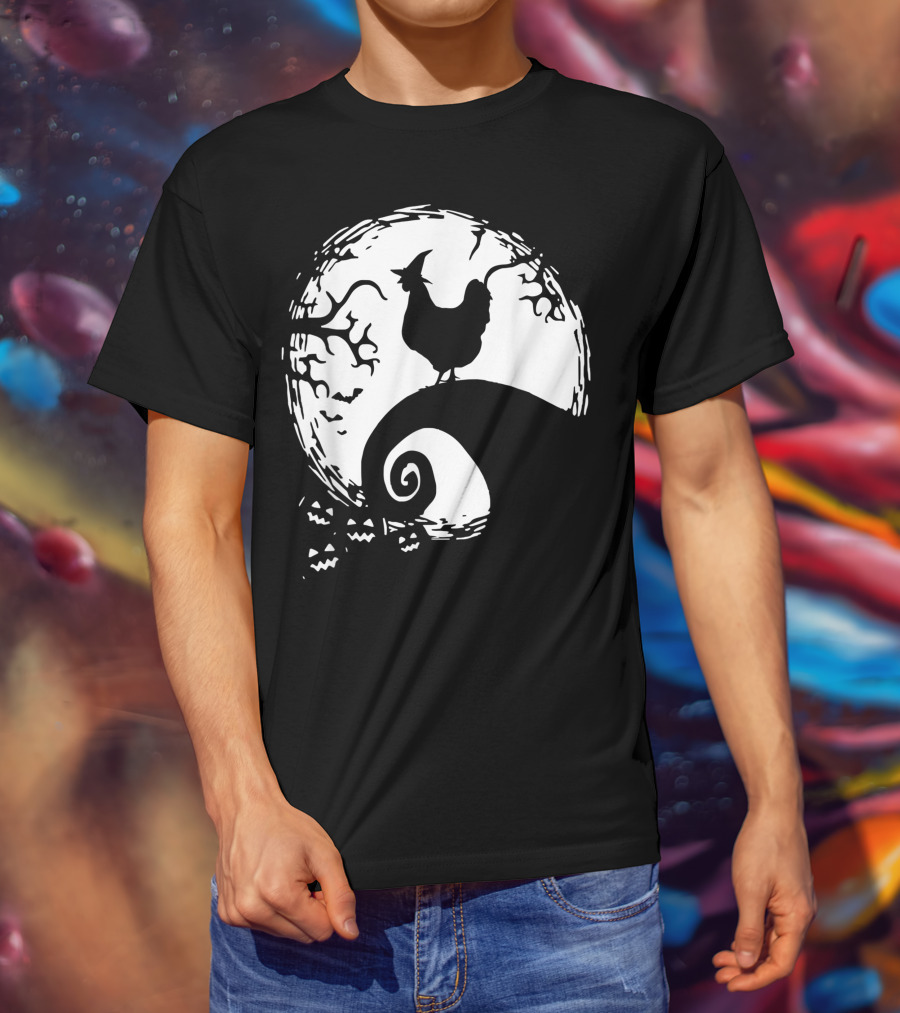 Funny Chicken Halloween Moon Pumpkin Nightmare Hill Scene T-Shirt
