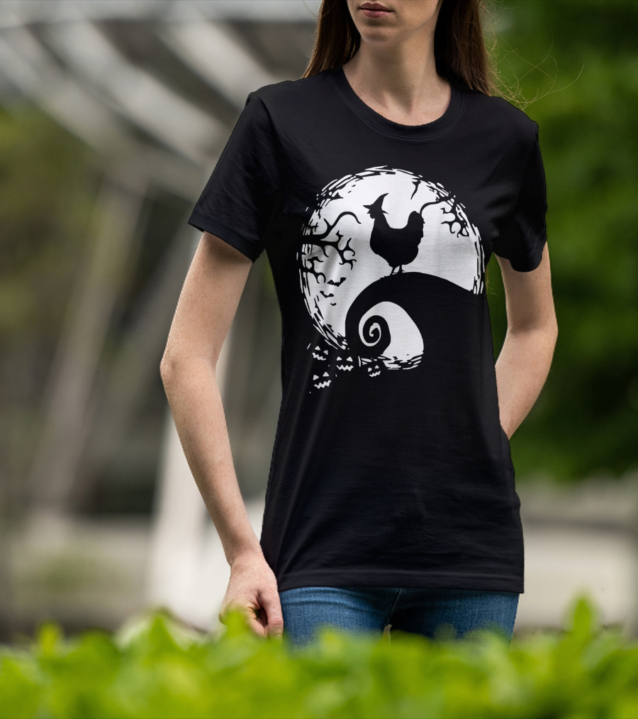 Funny Chicken Halloween Moon Pumpkin Nightmare Hill Scene T-Shirt