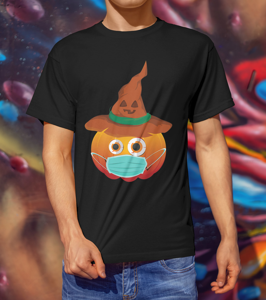 Funny Pumpkin Mask Witch Hat Costume T-Shirt