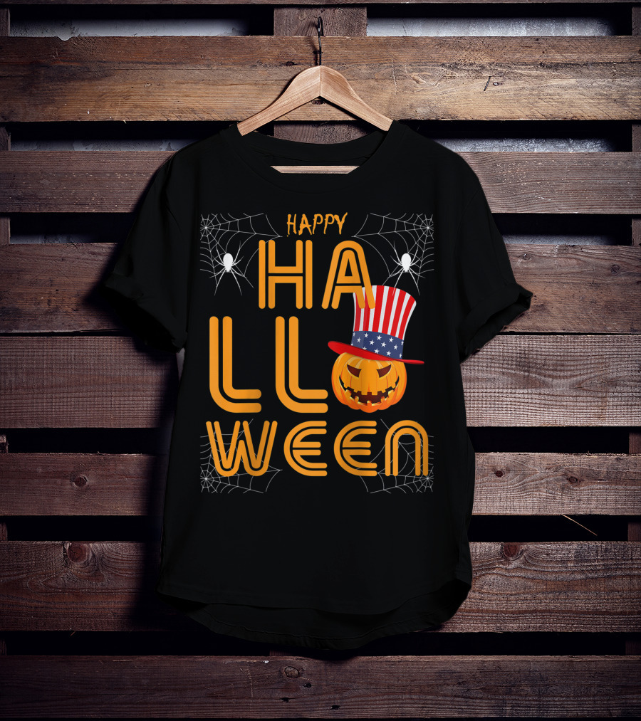 Happy Halloween Funny Orange Pumpkin American Flag Hat With Spider Webs T-Shirt