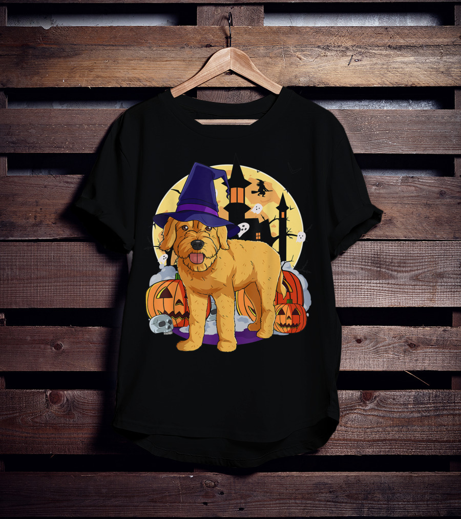 Happy Halloween Goldendoodle Dog Witch Hat Pumpkin Moon Haunted House Ghosts T-Shirt