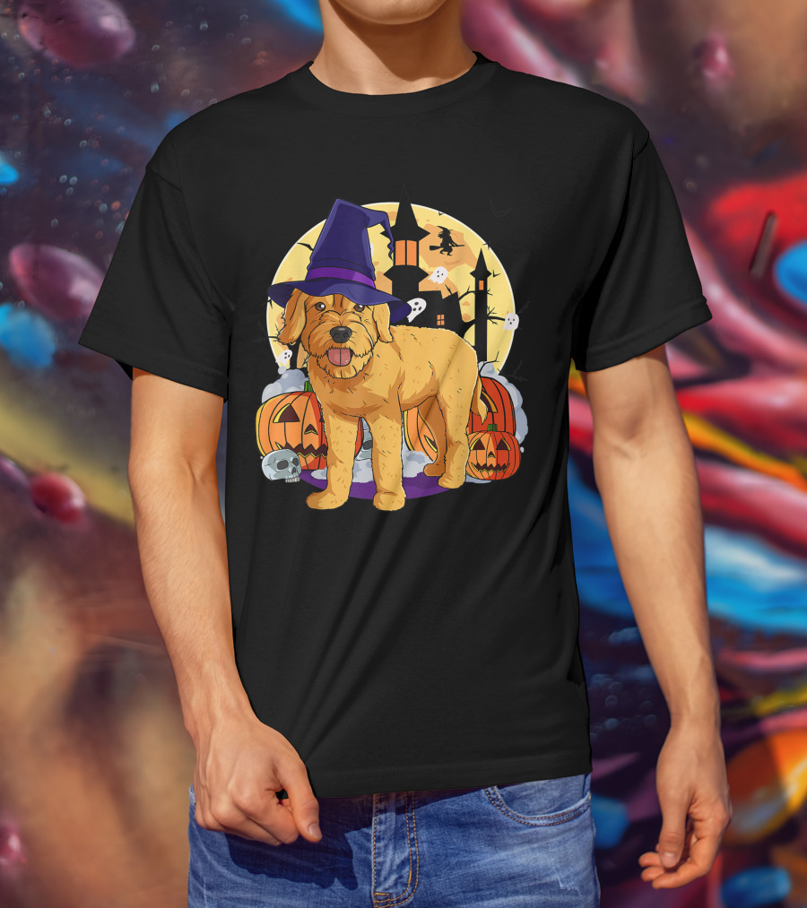 Happy Halloween Goldendoodle Dog Witch Hat Pumpkin Moon Haunted House Ghosts T-Shirt