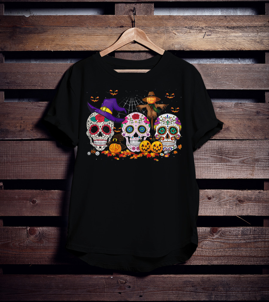 Sugar Skull Funny Halloween Pumpkin Witch Hat Autumn T-Shirt