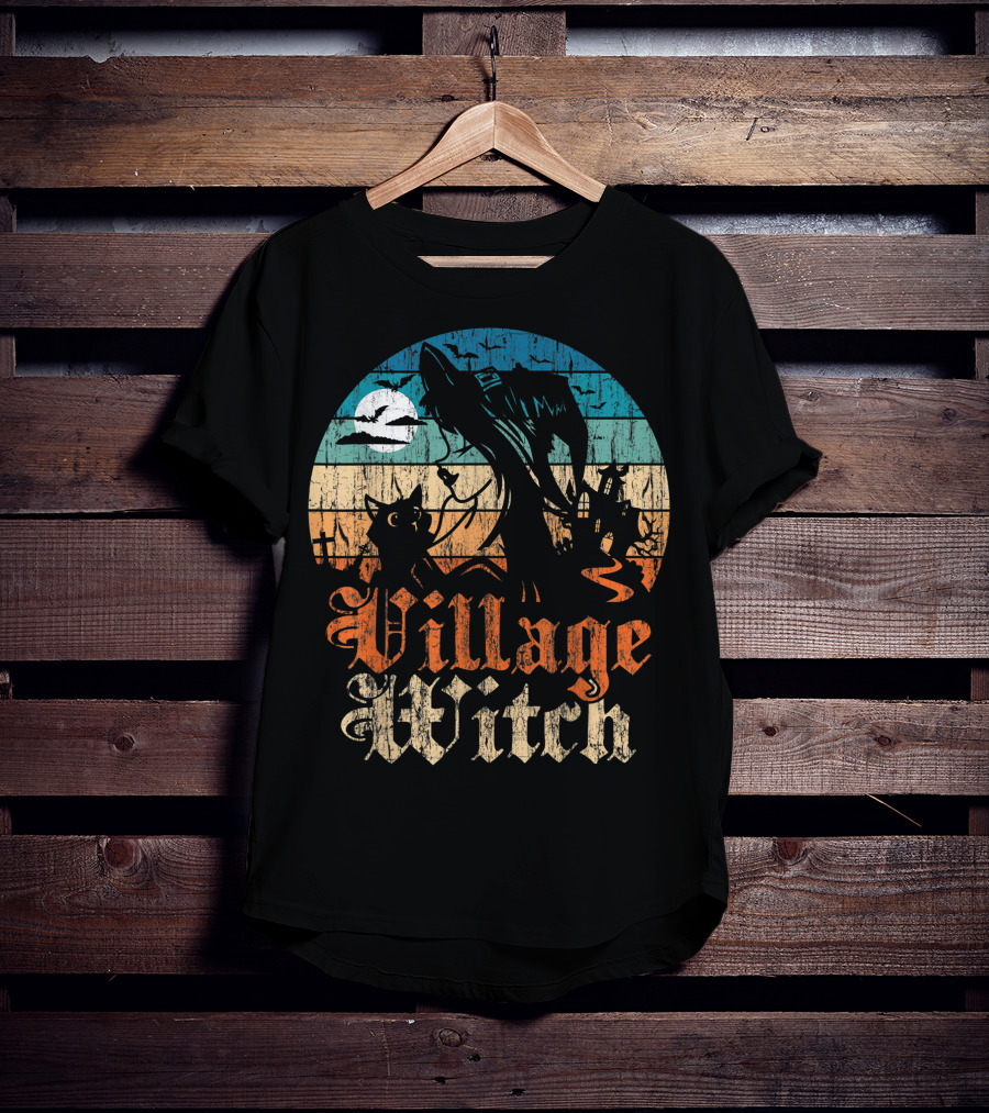 Village Witch Cat Silhouette Moon Sunset T-Shirt