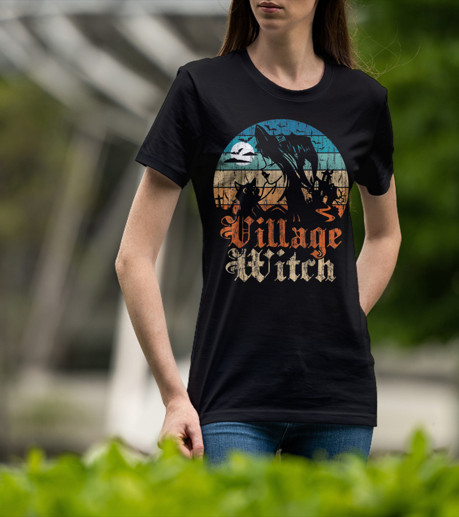 Village Witch Cat Silhouette Moon Sunset T-Shirt