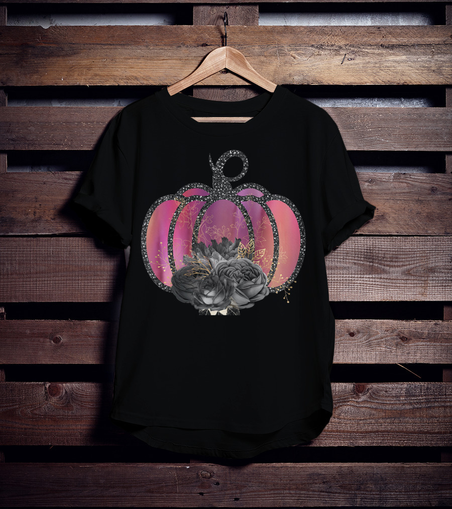 Women Halloween Pumpkin Unique Fall Raglan Baseball With Black Floral Accents T-Shirt