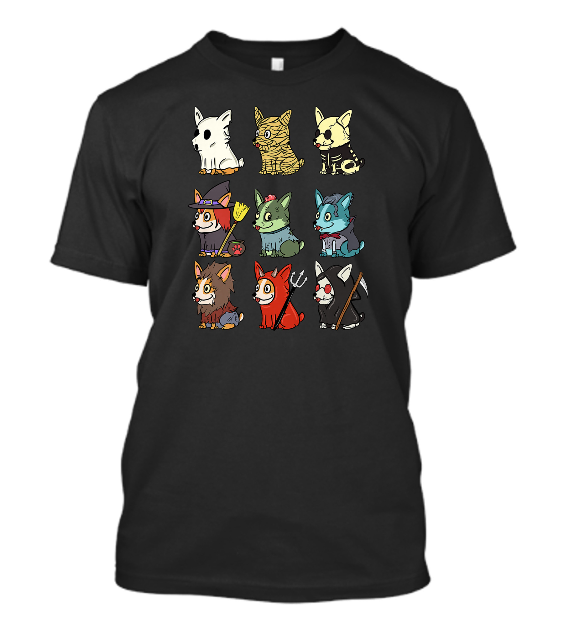 Corgi In Scary Ghost, Mummy, Skeleton, Witch, Zombie, Vampire, Werewolf, Devil, And Grim Reaper Costumes Funny Dog T-Shirt