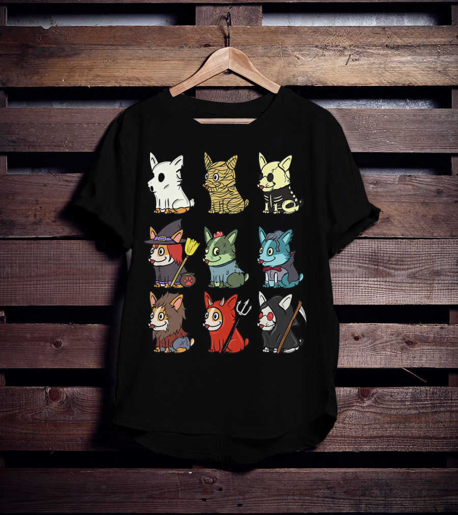 Corgi In Scary Ghost, Mummy, Skeleton, Witch, Zombie, Vampire, Werewolf, Devil, And Grim Reaper Costumes Funny Dog T-Shirt
