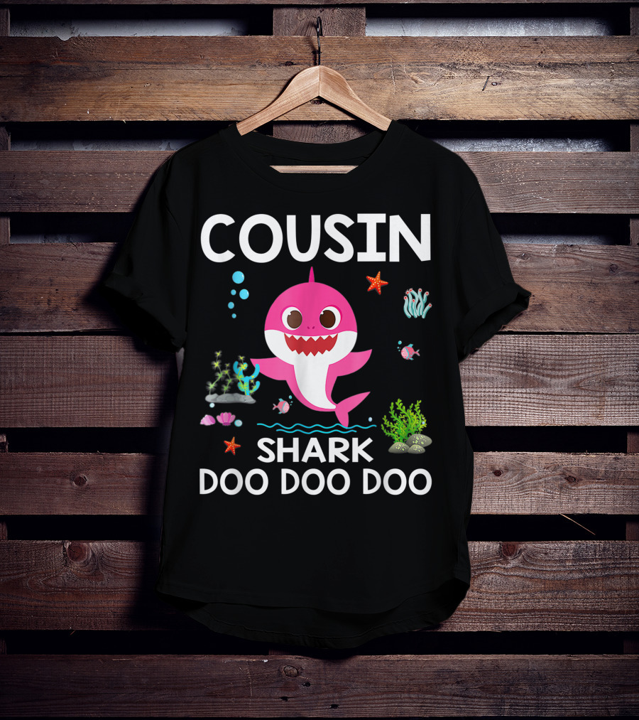 Cousin Shark Doo Doo Doo Funny Cousin Best Birthday With Underwater Sea Creatures And Pink Shark T-Shirt