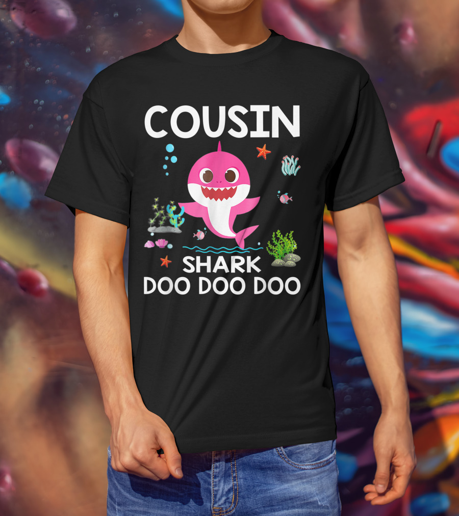 Cousin Shark Doo Doo Doo Funny Cousin Best Birthday With Underwater Sea Creatures And Pink Shark T-Shirt