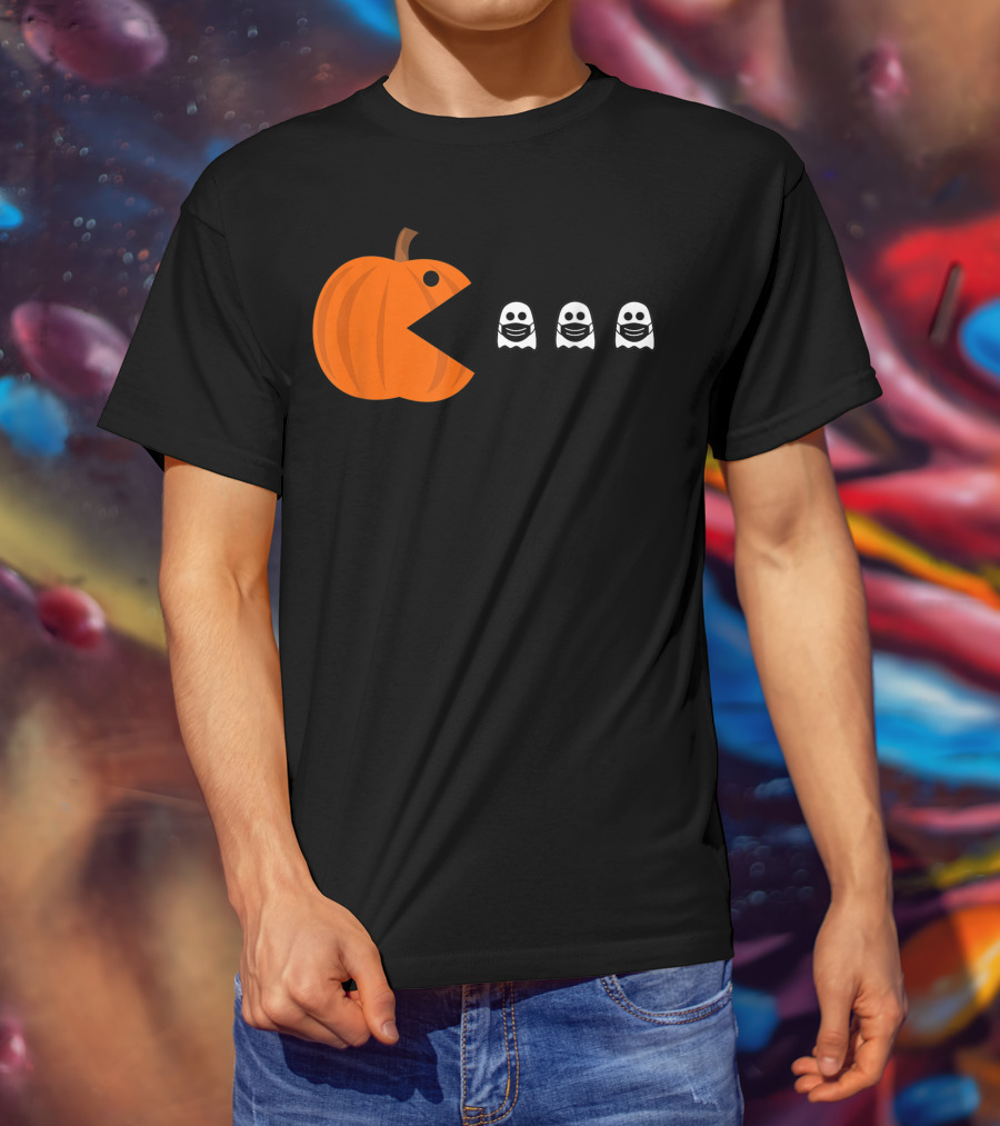 Pac-Man Pumpkin Eating Ghosts Funny Halloween Men's T-Shirt
