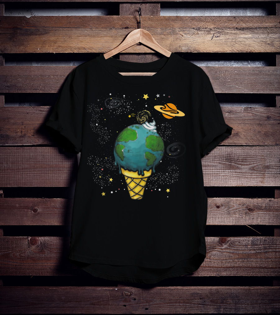 Funny Space Galaxy Earth Saturn Planets In Ice Cream Cone T-Shirt