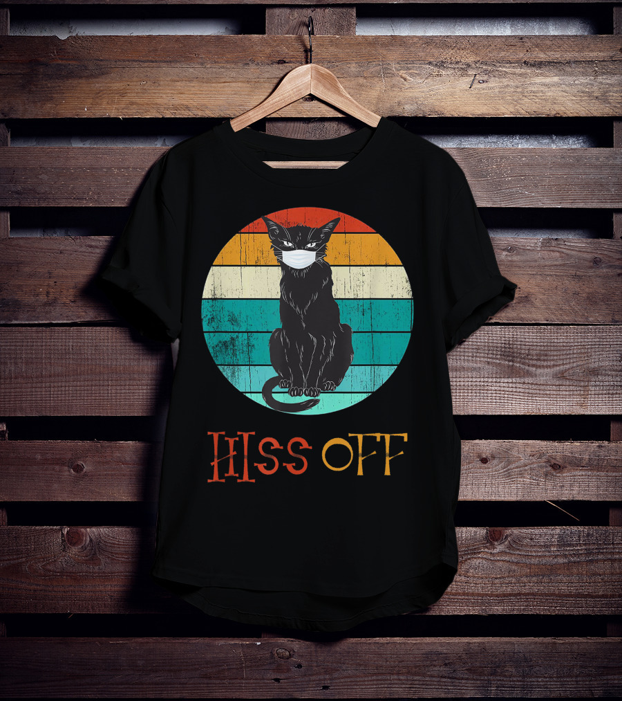 Hiss Off Black Kitty With Mask And Retro Stripes T-Shirt