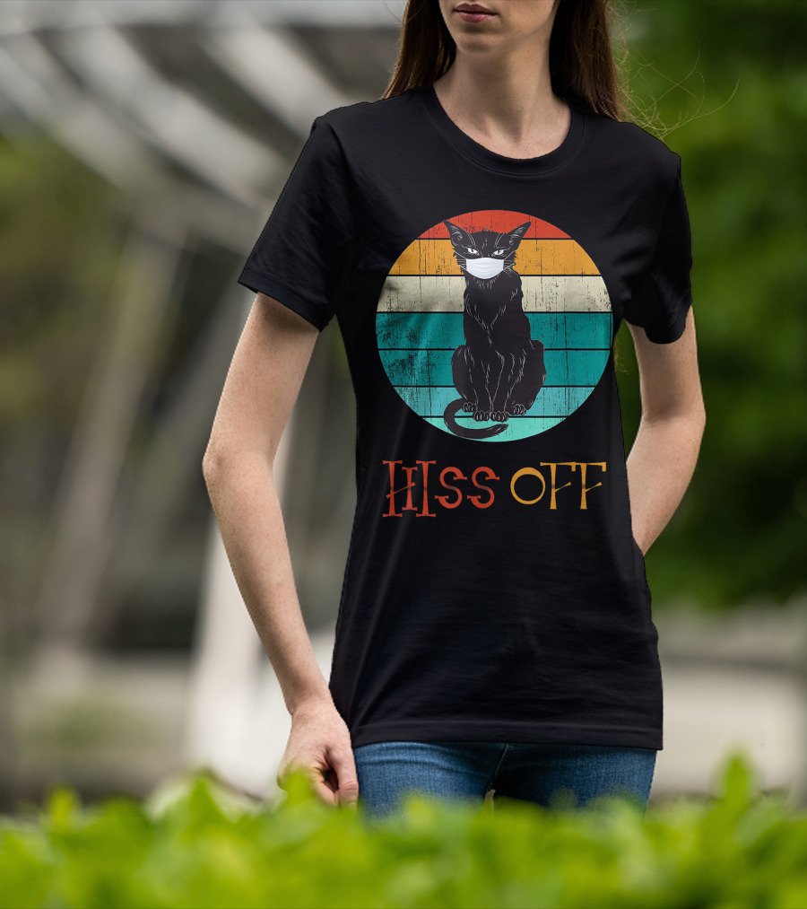 Hiss Off Black Kitty With Mask And Retro Stripes T-Shirt