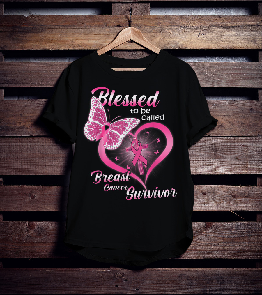 Blessed To Be Called Breast Cancer Survivor Pink Butterfly And Ribbon Heart T-Shirt
