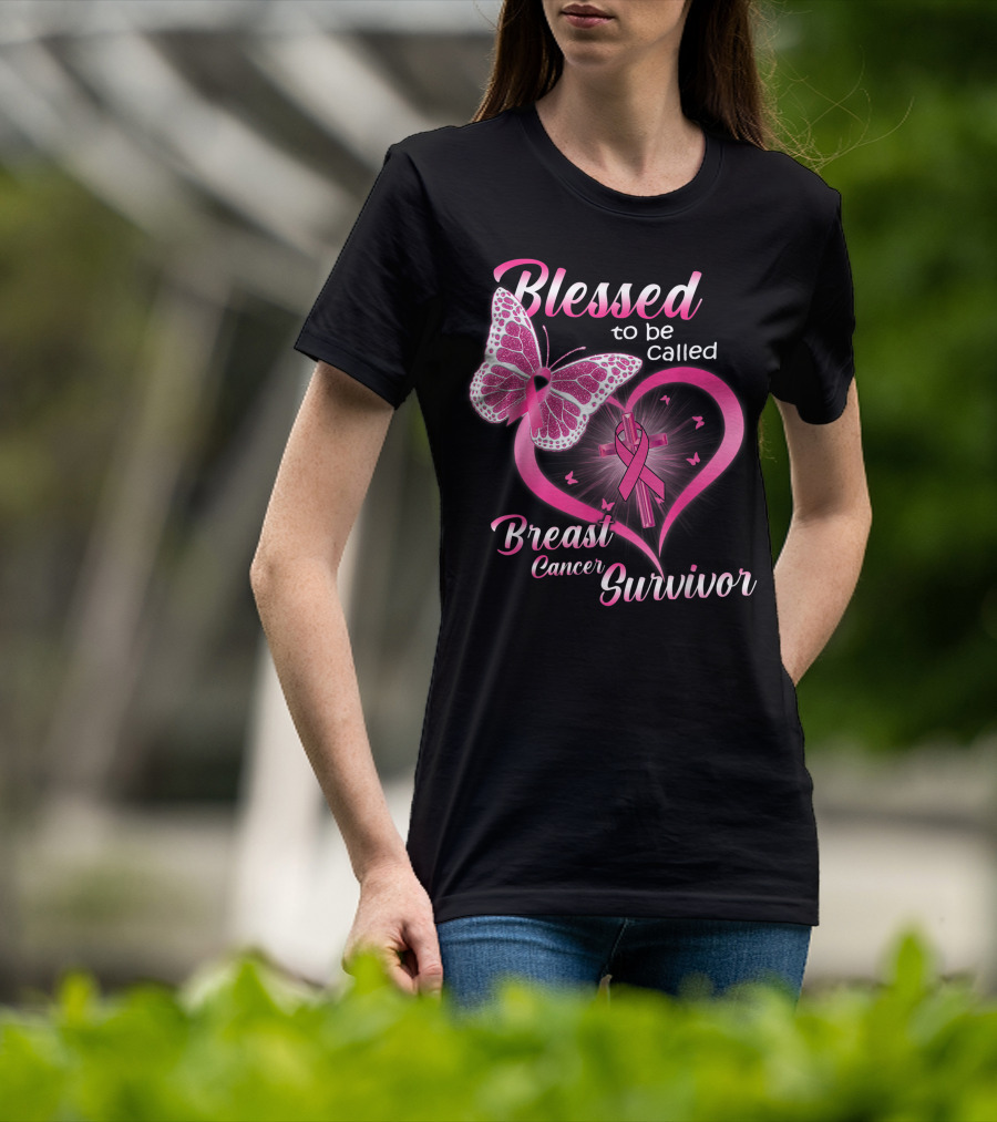 Blessed To Be Called Breast Cancer Survivor Pink Butterfly And Ribbon Heart T-Shirt