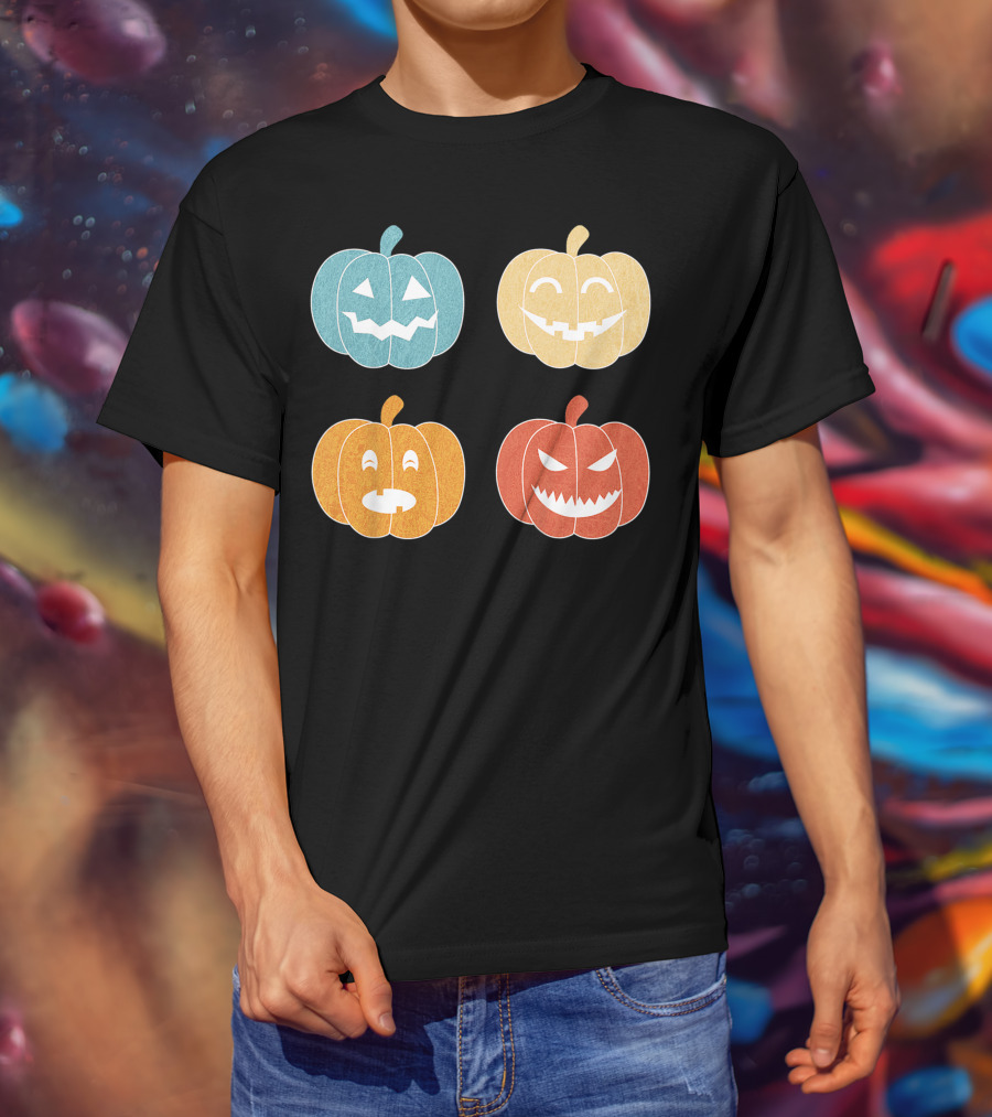 Vintage Halloween Colorful Pumpkin Faces T-Shirt