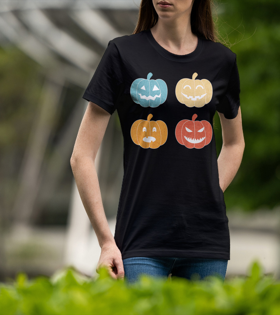 Vintage Halloween Colorful Pumpkin Faces T-Shirt