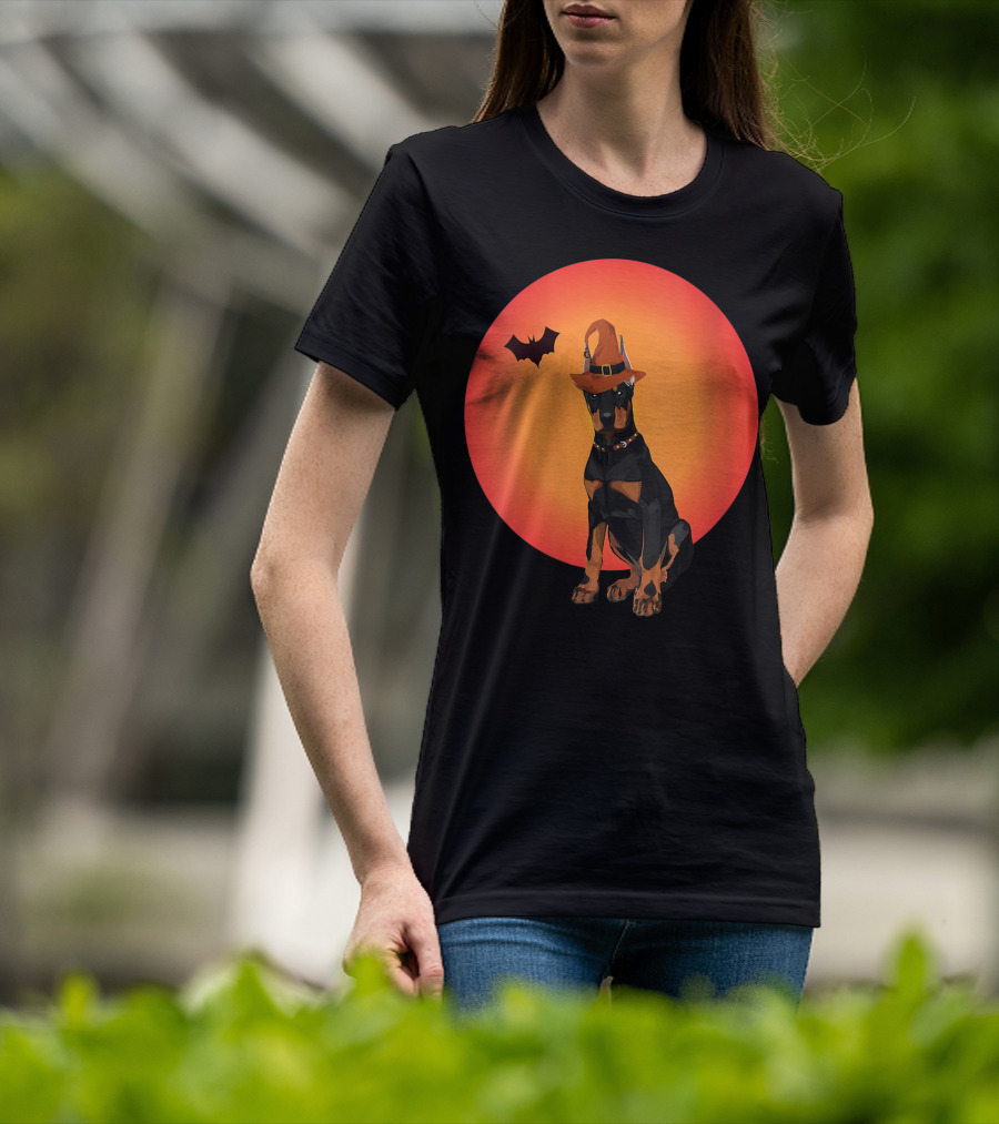 Women Doberman Dog Halloween Witch Hat Puppy And Animal Lovers T-Shirt