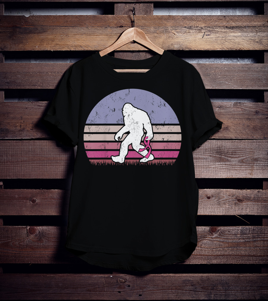Vintage Bigfoot Breast Cancer Awareness Pink Ribbon Retro Stripes T-Shirt