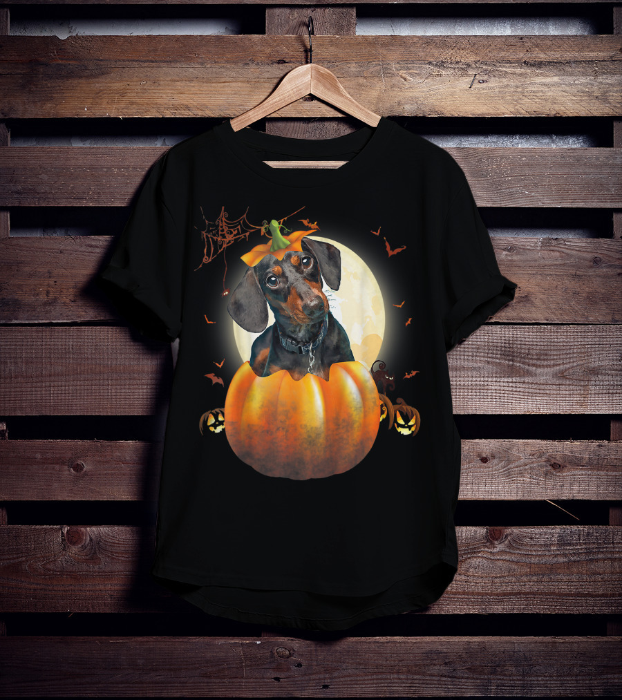 Halloween Funny Dachshund Pumpkin Moon Bats Spiderweb T-Shirt