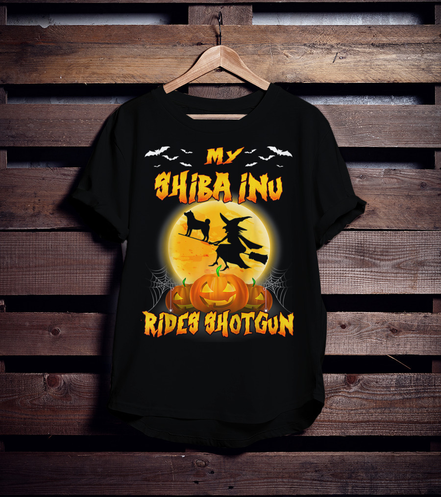 My Shiba Inu Rides Shotgun Halloween Moon Witch Pumpkins T-Shirt