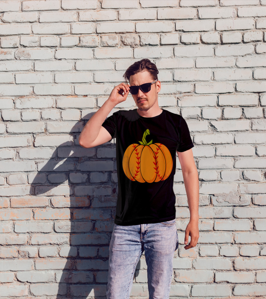 Thanksgiving Baseball Halloween Pumpkin Boys Pitcher Catcher Colorful Stitched T-Shirt