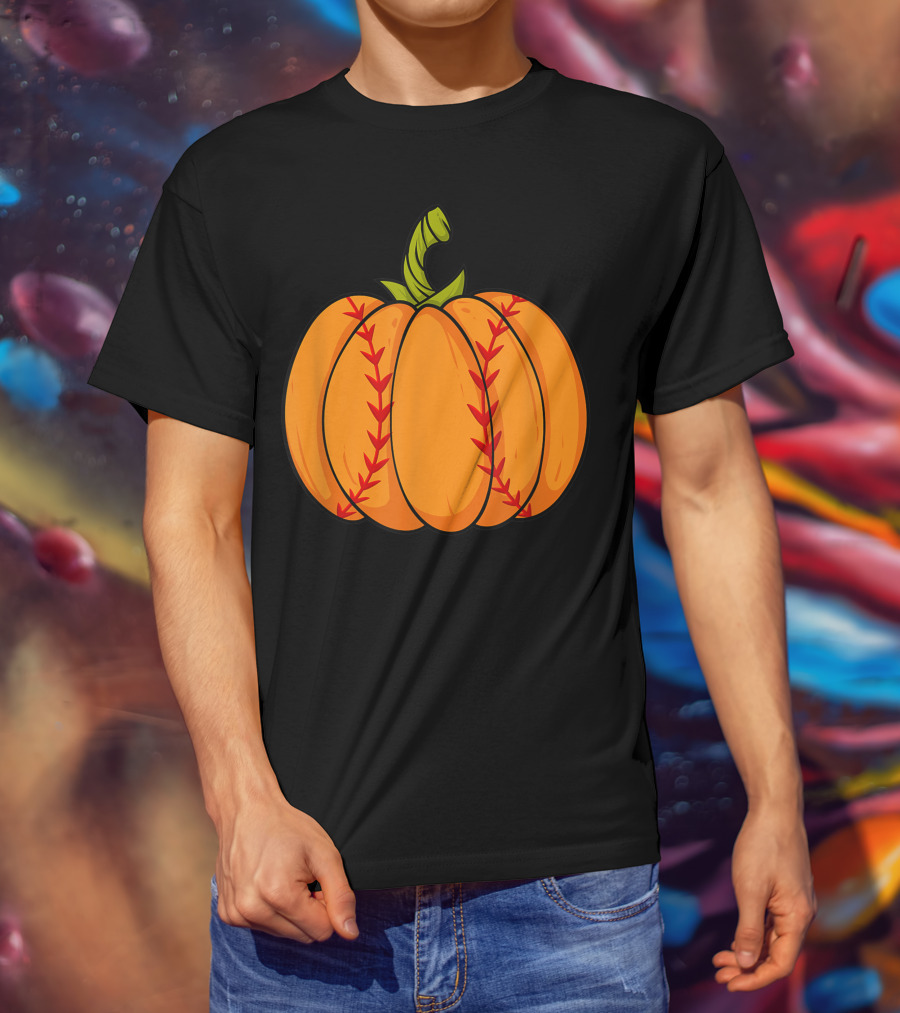 Thanksgiving Baseball Halloween Pumpkin Boys Pitcher Catcher Colorful Stitched T-Shirt