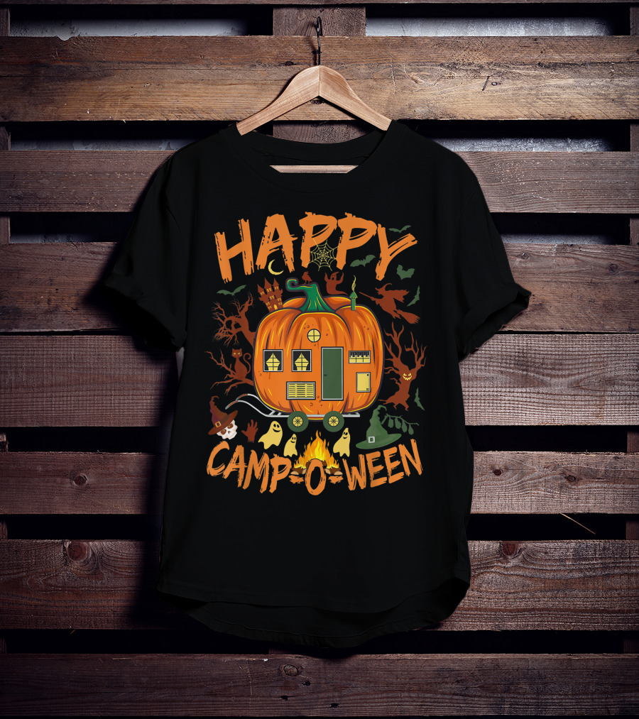 Happy Camp O Ween Halloween Camping Camper With Pumpkin, Ghosts, And Witch Hat T-Shirt