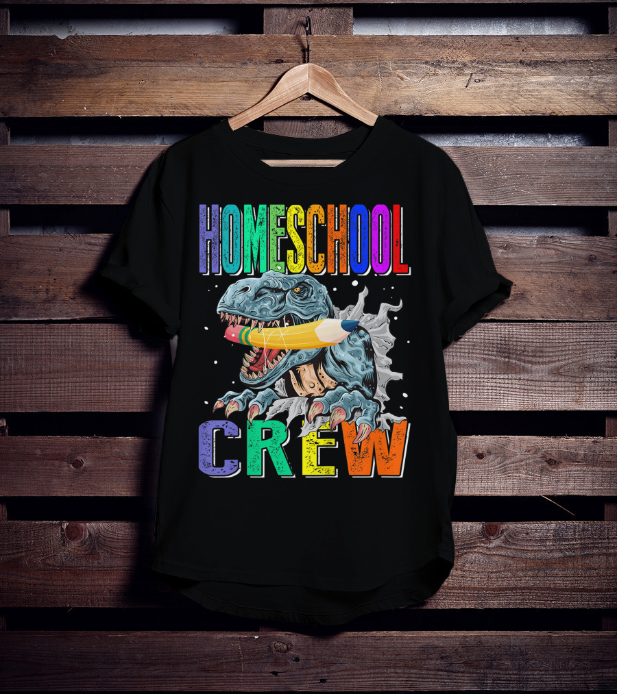 Homeschool Crew Dinosaur Funny Back To School Rainbow Colorful Pencil T-Rex T-Shirt
